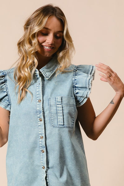 Frayed Edge Ruffle Denim Top