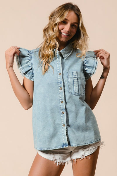 Frayed Edge Ruffle Denim Top