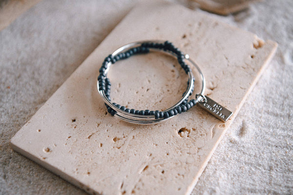 Gold or Silver Beaded Triple Wrap Bracelet : Silver & Black