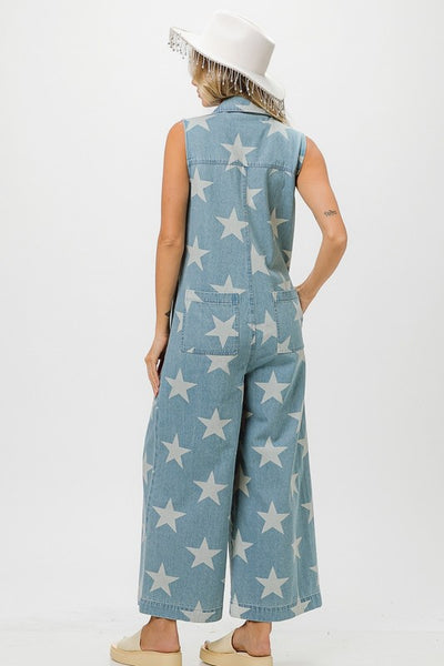 Star Print Zip-Up Denim Jumpsuit