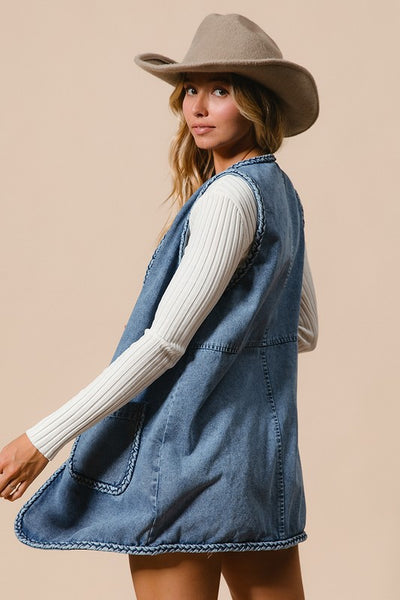 Braided Edge Washed Long Vest