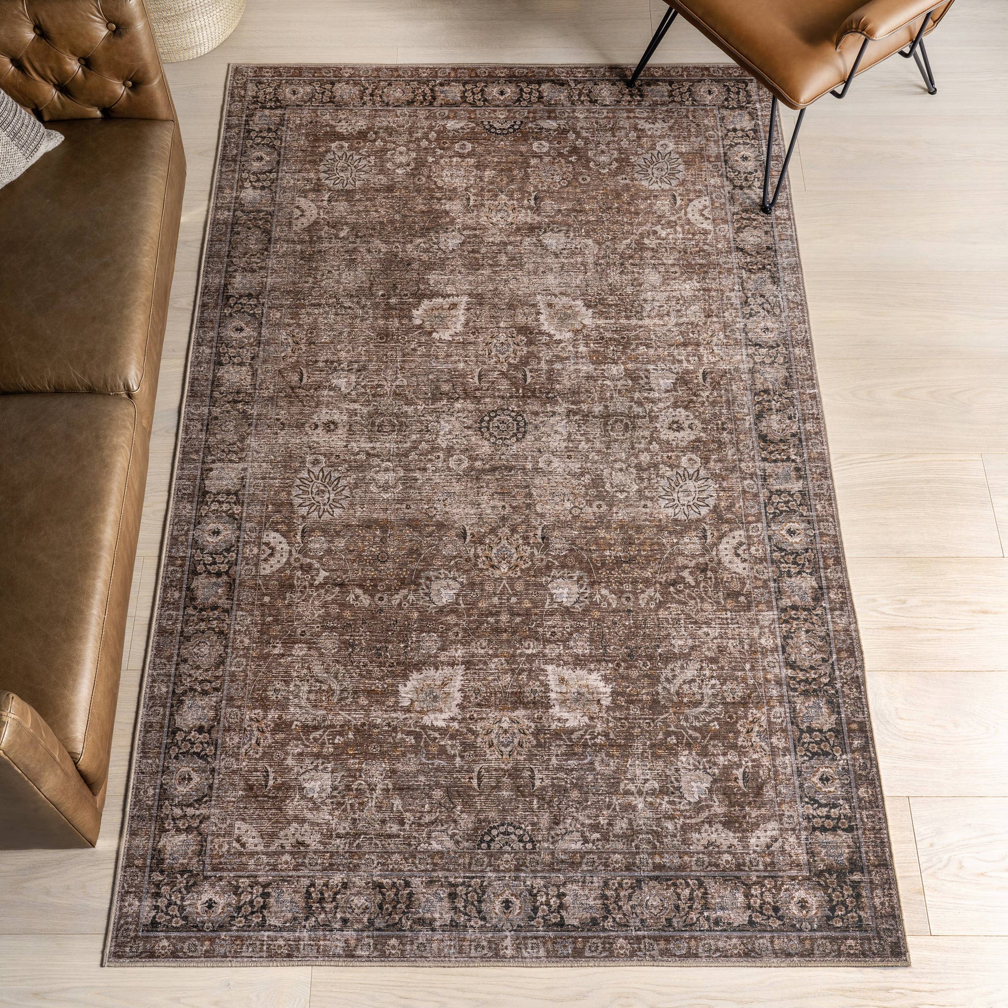 Bayberry Spill Proof Vintage Machine Washable Area Rug: Brown / 3' x 5'