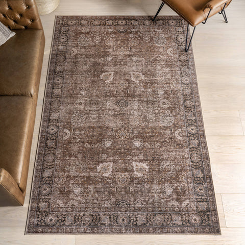 Bayberry Spill Proof Vintage Machine Washable Area Rug: Brown / 3' x 5'