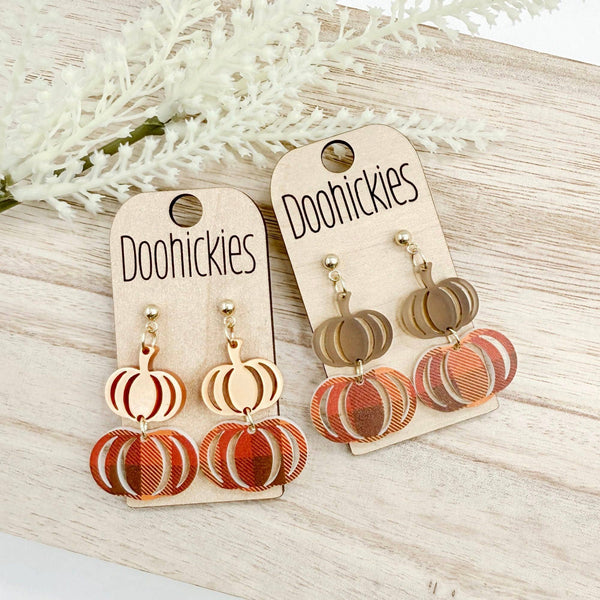 Fall Double Plaid Pumpkin Dangle Acrylic Earrings: Brown