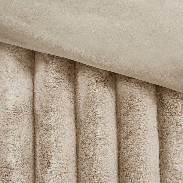 3 Piece Ultra Soft Faux Fur Ribbed Comforter Set, Taupe: King