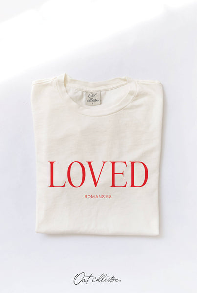 LOVED ROMANS 5:8 Graphic Top: ROSE