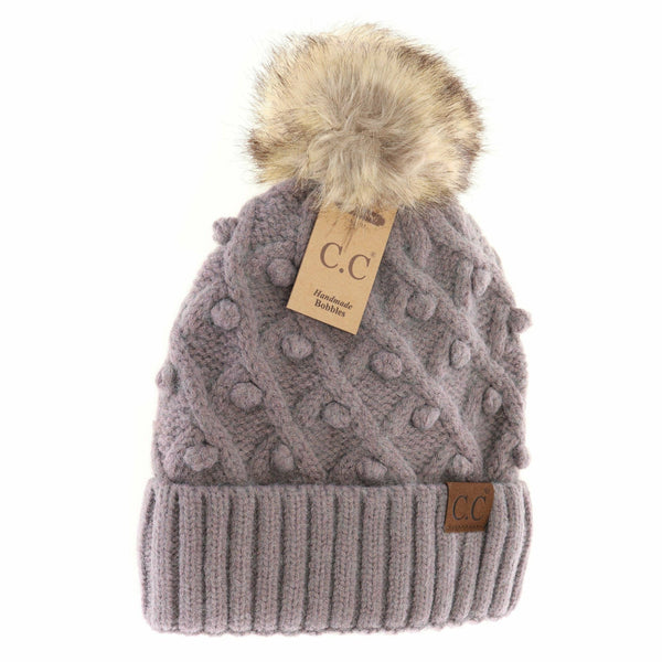 Bobble Knit Taupe Beanie