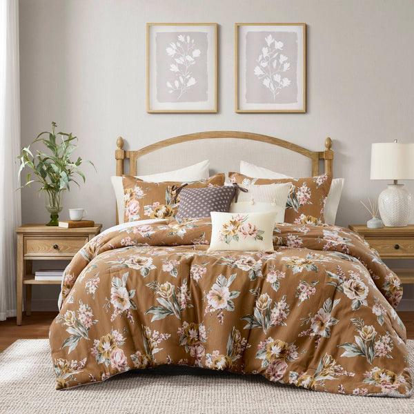 7 Piece Vintage Floral Comforter Set, Terracotta: Queen