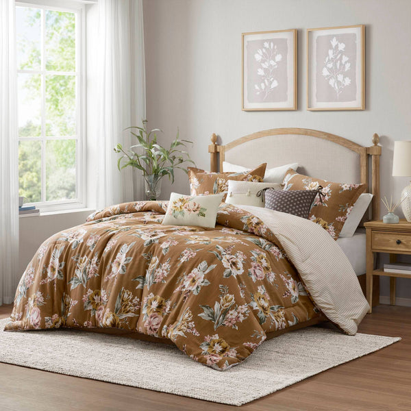 7 Piece Vintage Floral Comforter Set, Terracotta: Queen