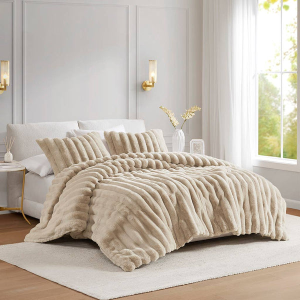3 Piece Ultra Soft Faux Fur Ribbed Comforter Set, Taupe: King