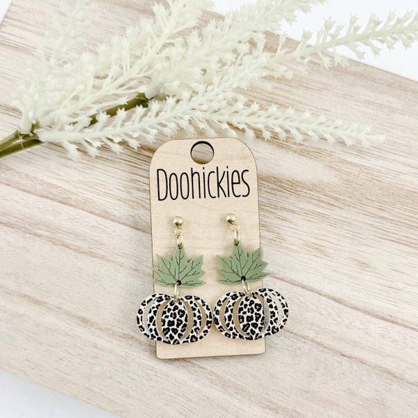 Fall Double Leaf and Leopard Pumpkin Dangle Acrylic Earrings: Olive