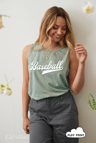 Olive Baseball Puff Print Tank Top