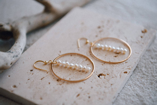 Hepburn Pearl or Gold Beaded Drop Hoop Earrings : Freshwater Pearls
