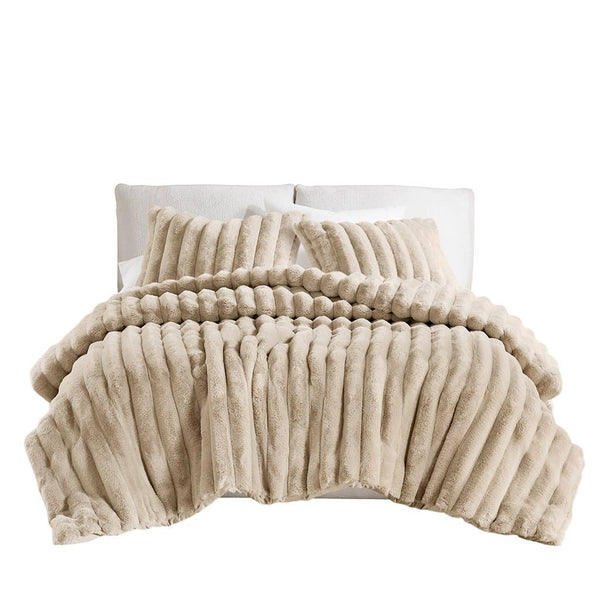 3 Piece Ultra Soft Faux Fur Ribbed Comforter Set, Taupe: King