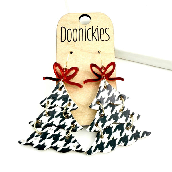 Houndstooth Christmas Tree Earrings w/ Red Mirror Bow - Cork