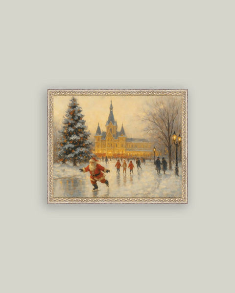 Skating Santa Framed Antique Art: 10x8