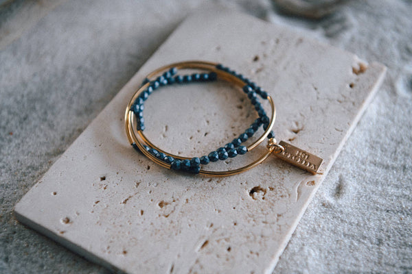 Gold or Silver Beaded Triple Wrap Bracelet : Silver & Black