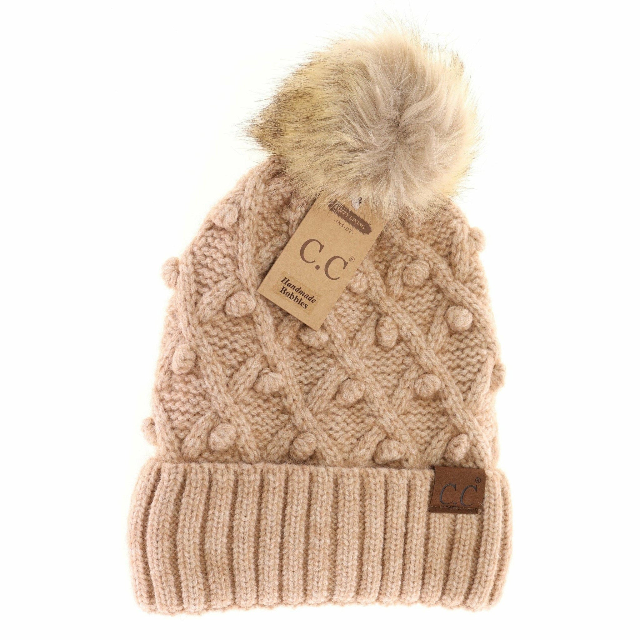 Bobble Knit Taupe Beanie