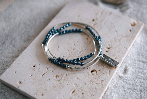 Gold or Silver Beaded Triple Wrap Bracelet : Gold & Matte Grey