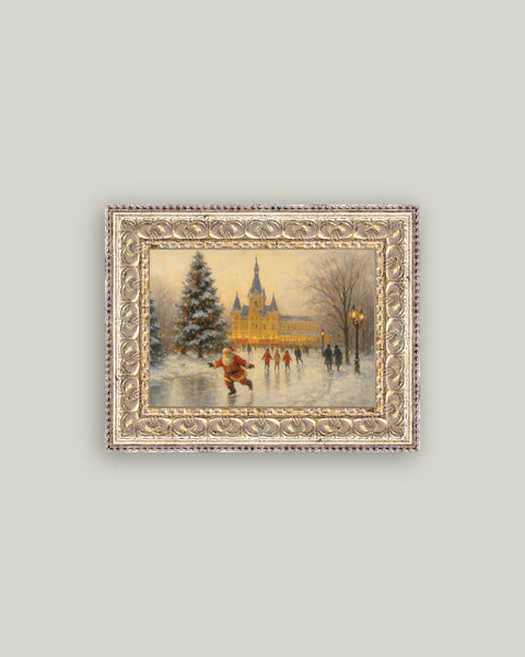 Skating Santa Framed Antique Art: 22x18