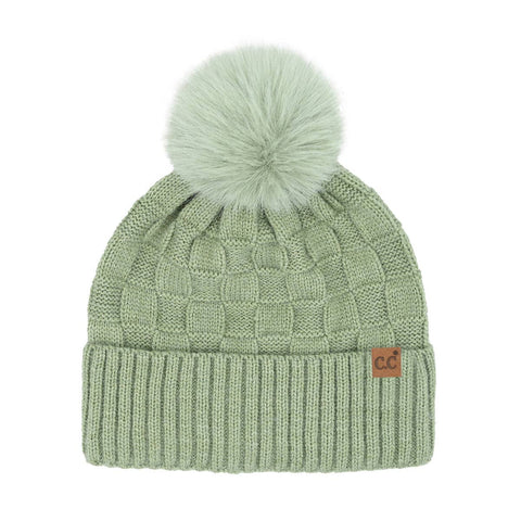 Sage Woven Checkered Texture Pom Beanie