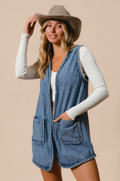 Braided Edge Washed Long Vest