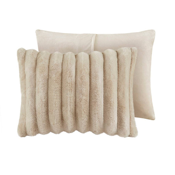 3 Piece Ultra Soft Faux Fur Ribbed Comforter Set, Taupe: King