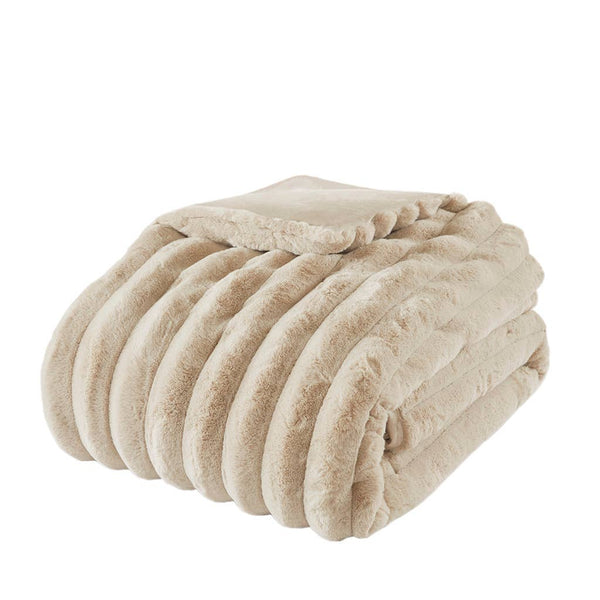 3 Piece Ultra Soft Faux Fur Ribbed Comforter Set, Taupe: King