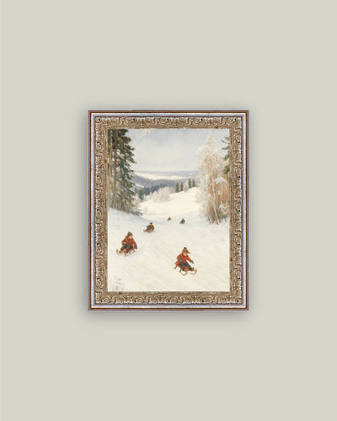 Sledding Hill Framed Antique Art: 8x10