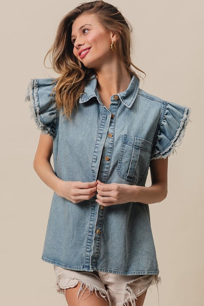 Frayed Edge Ruffle Denim Top