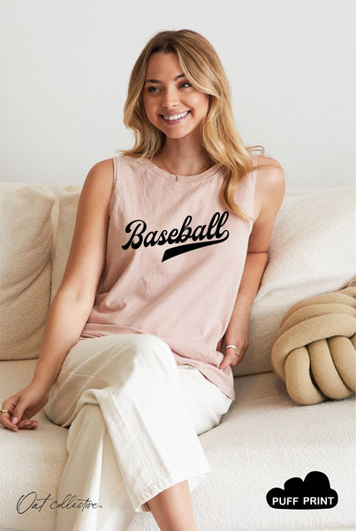 Olive Baseball Puff Print Tank Top