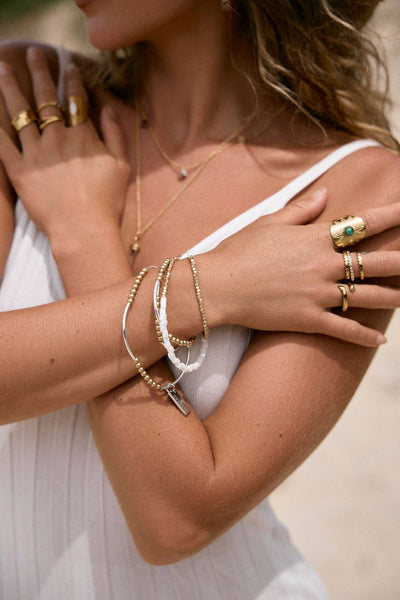Gold or Silver Beaded Triple Wrap Bracelet : Gold & Matte Grey