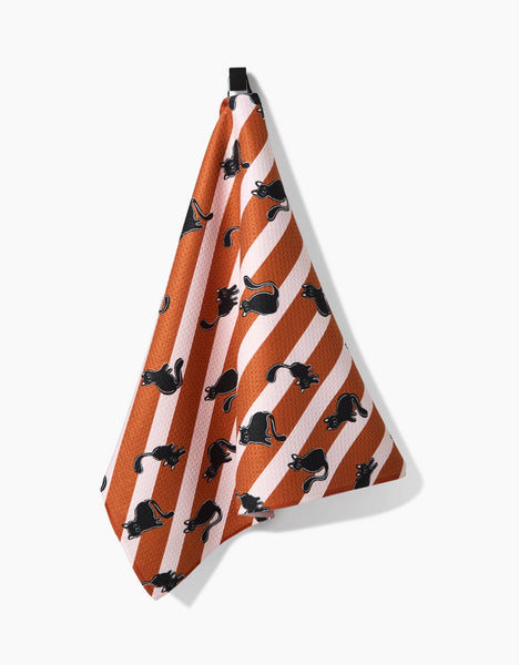 Striped Black Cats Orange Tea Towel