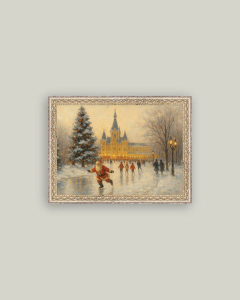 Skating Santa Framed Antique Art: 10x8