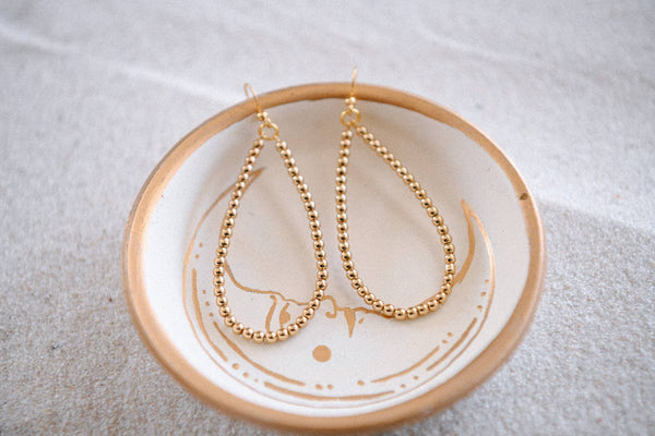 Gold Round Beaded Teardrop Earrings