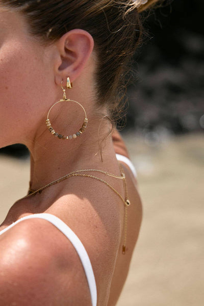 Gypsy Sunrise Gold Plated Hoop and Genuine Gemstone Earrings: Brown