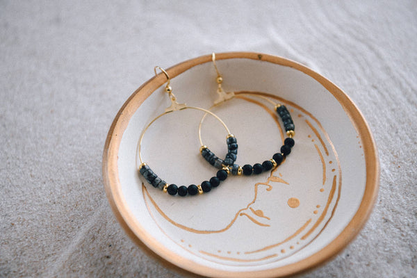 Gypsy Sunrise Gold Plated Hoop and Genuine Gemstone Earrings: Black