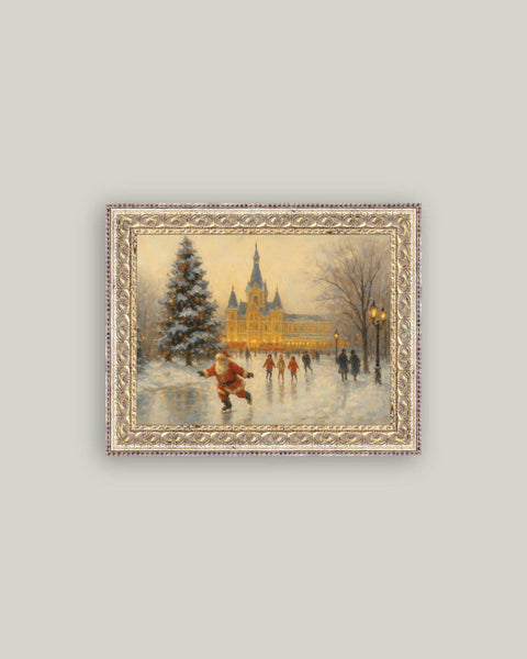 Skating Santa Framed Antique Art: 22x18