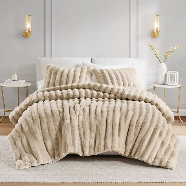 3 Piece Ultra Soft Faux Fur Ribbed Comforter Set, Taupe: King