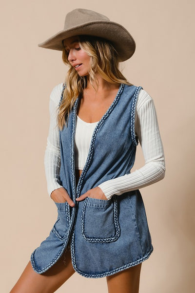 Braided Edge Washed Long Vest