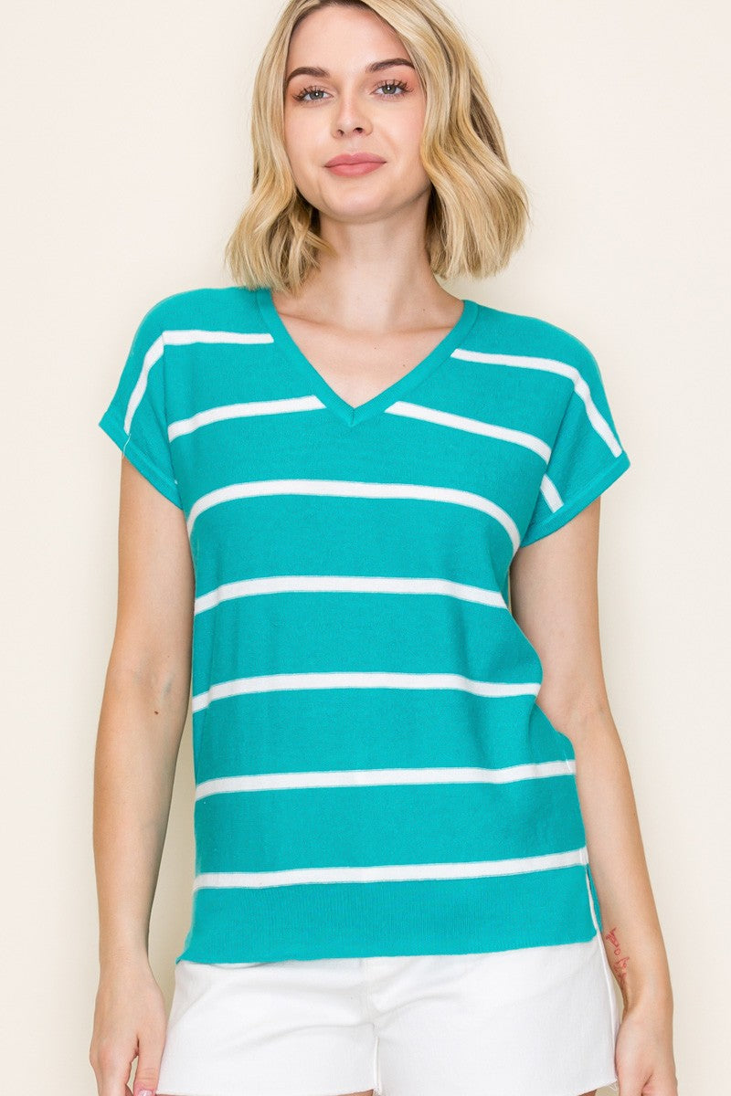 Lacy Striped V-Neck Top