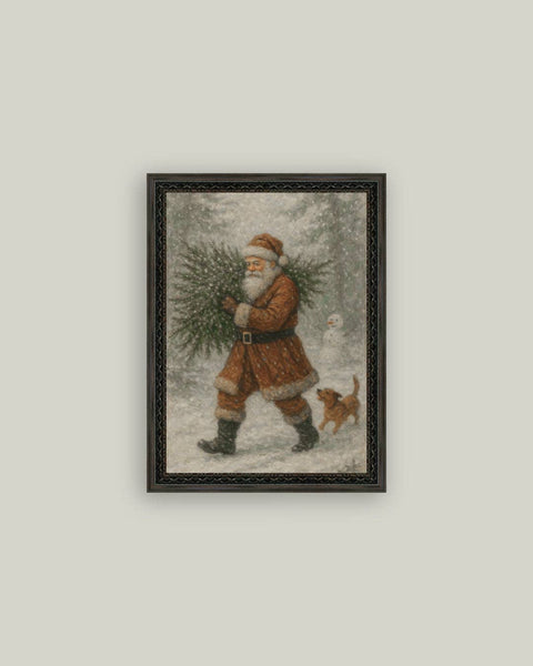 Santa with Tree Framed Antique Art: 8x10