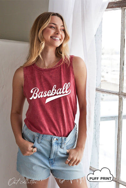 Olive Baseball Puff Print Tank Top