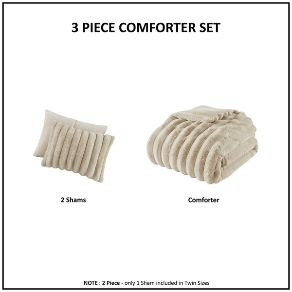 3 Piece Ultra Soft Faux Fur Ribbed Comforter Set, Taupe: King