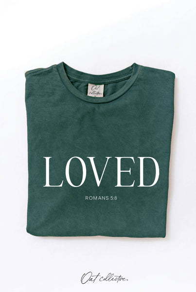 LOVED ROMANS 5:8 Graphic Top: ROSE