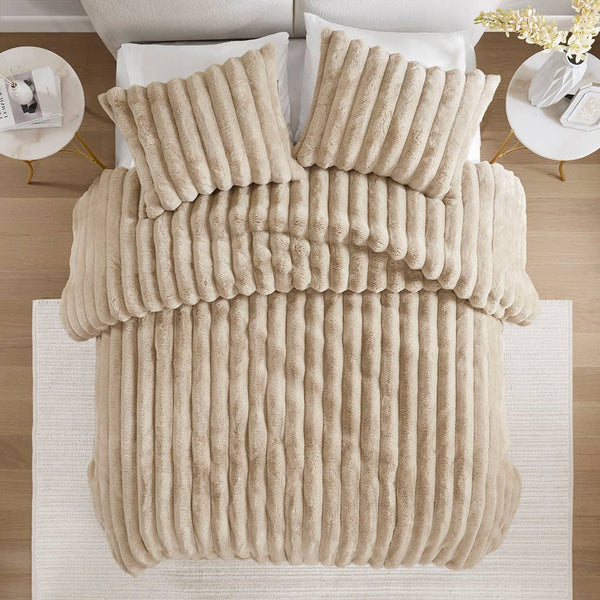 3 Piece Ultra Soft Faux Fur Ribbed Comforter Set, Taupe: King