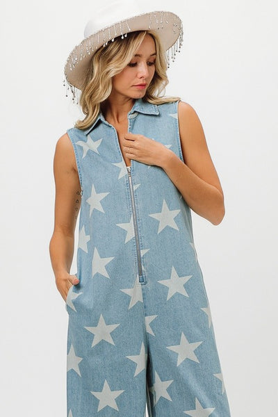 Star Print Zip-Up Denim Jumpsuit