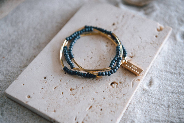 Gold or Silver Beaded Triple Wrap Bracelet : Gold & Matte Grey