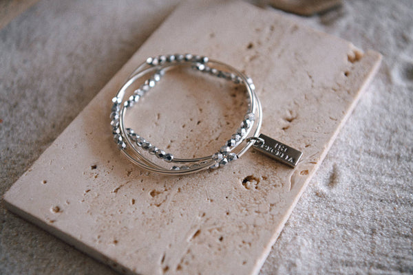 Gold or Silver Beaded Triple Wrap Bracelet : Gold & Matte Grey