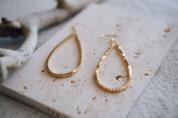 Gold Round Beaded Teardrop Earrings